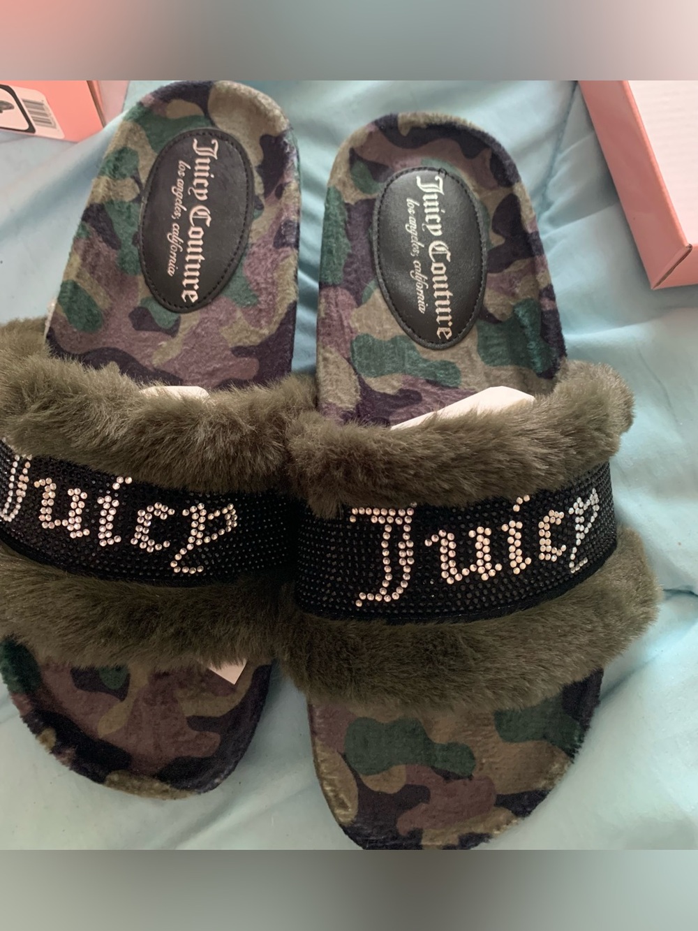 Juicy Couture Green Faux Fur Slide Sandals with Rhinestone Logo Strap